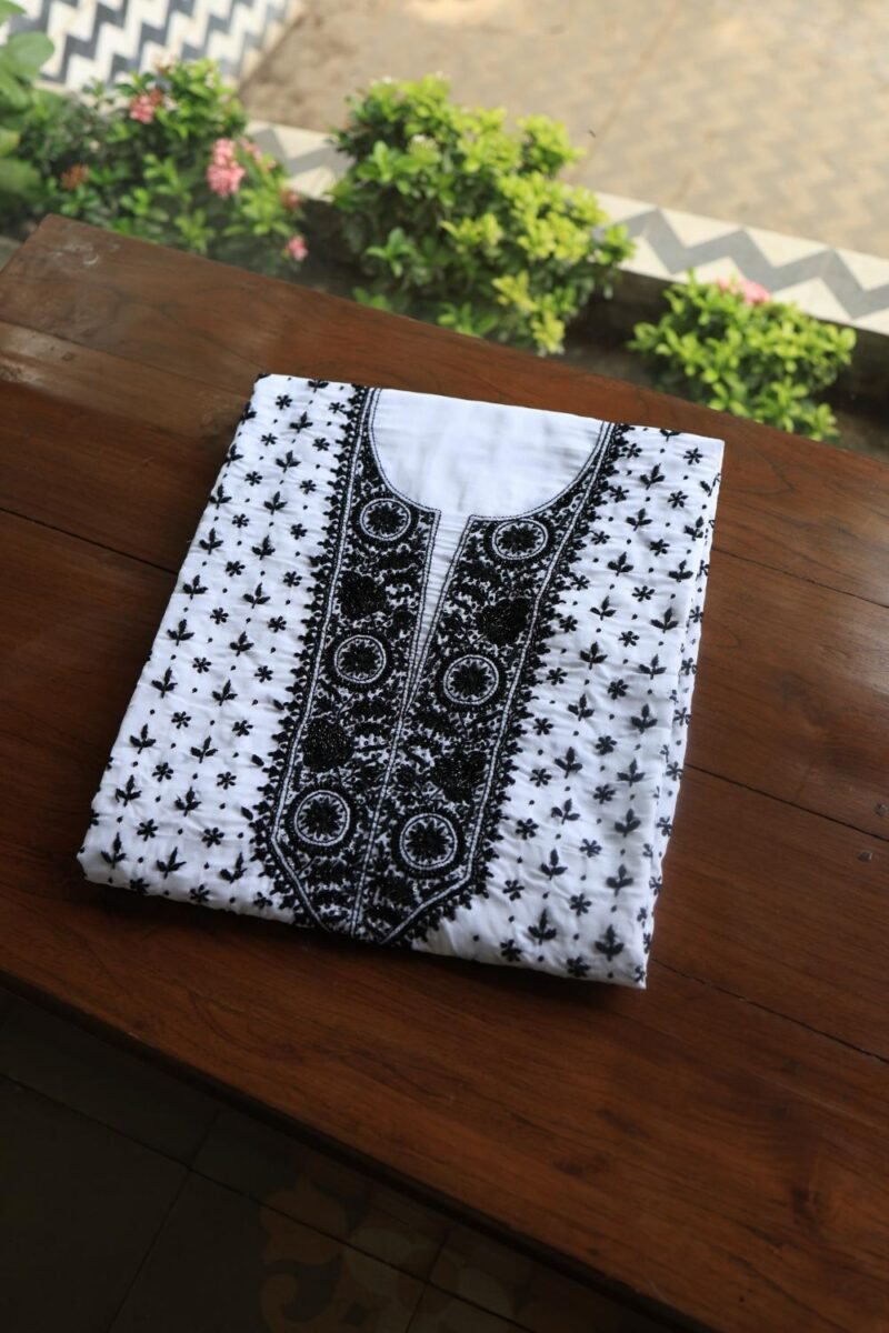 White & Black Cotton Chikankari Unstitched Kurta Fabrics
