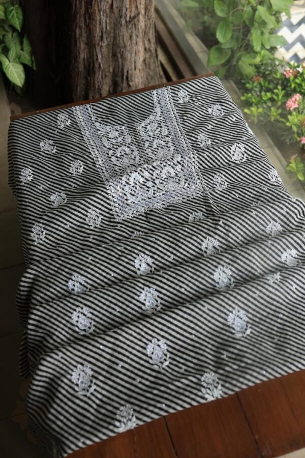 Black Kota Cotton Chikankari Unstitched Kurta Fabrics - Image 2