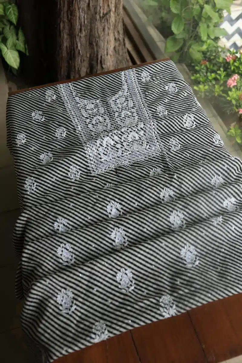Black Kota Cotton Chikankari Unstitched Kurta Fabrics