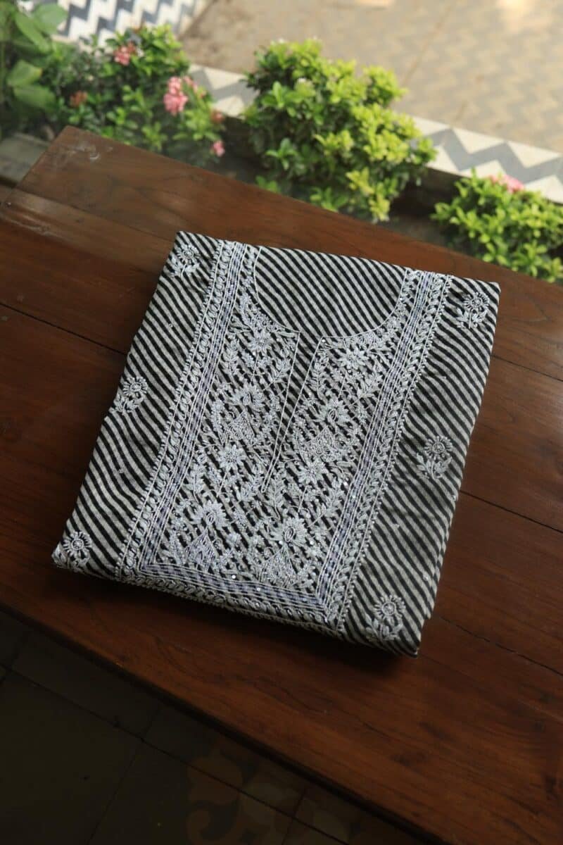 Black Kota Cotton Chikankari Unstitched Kurta Fabrics