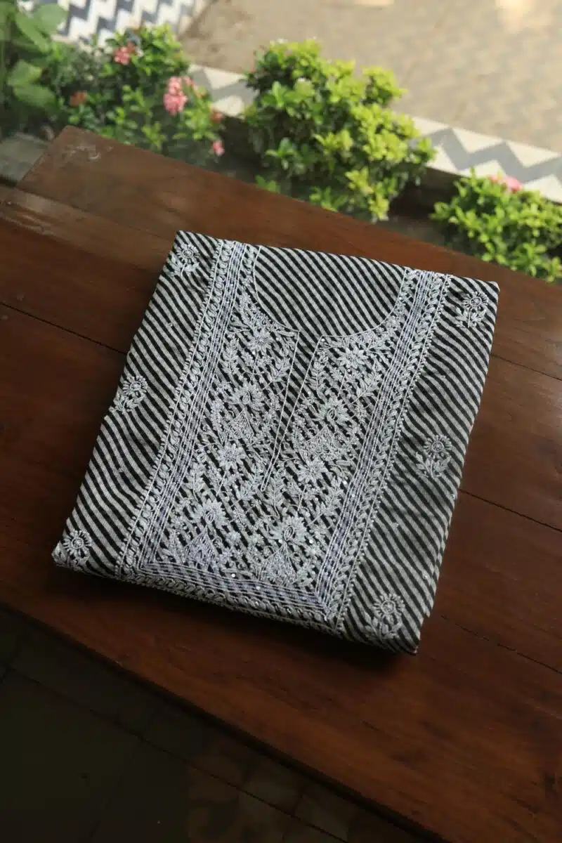 Black Kota Cotton Chikankari Unstitched Kurta Fabrics