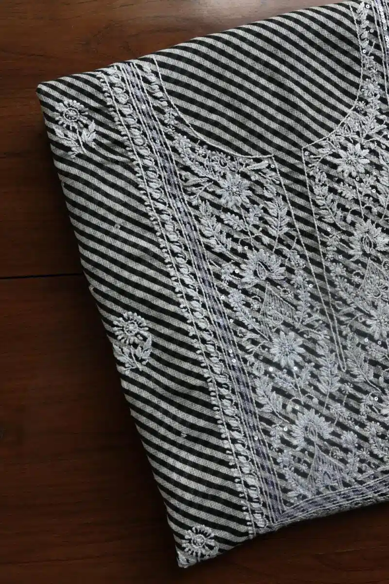 Black Kota Cotton Chikankari Unstitched Kurta Fabrics