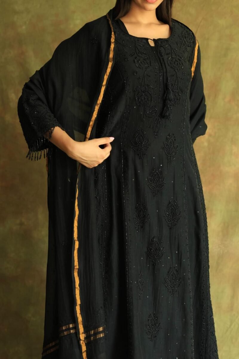 Black Mal Chanderi Pearl Work Chikankari Anarkali With Dupatta
