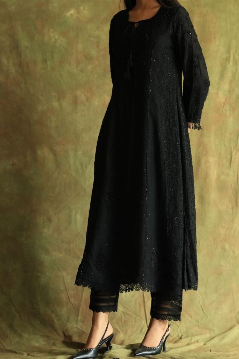 Black Mal Chanderi Pearl Work Chikankari Anarkali With Dupatta