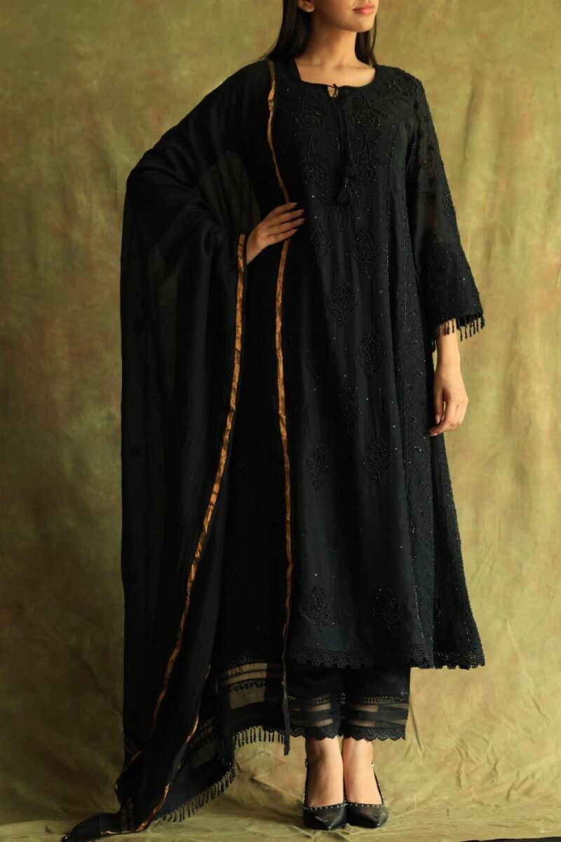 Black Mal Chanderi Pearl Work Chikankari Anarkali With Dupatta