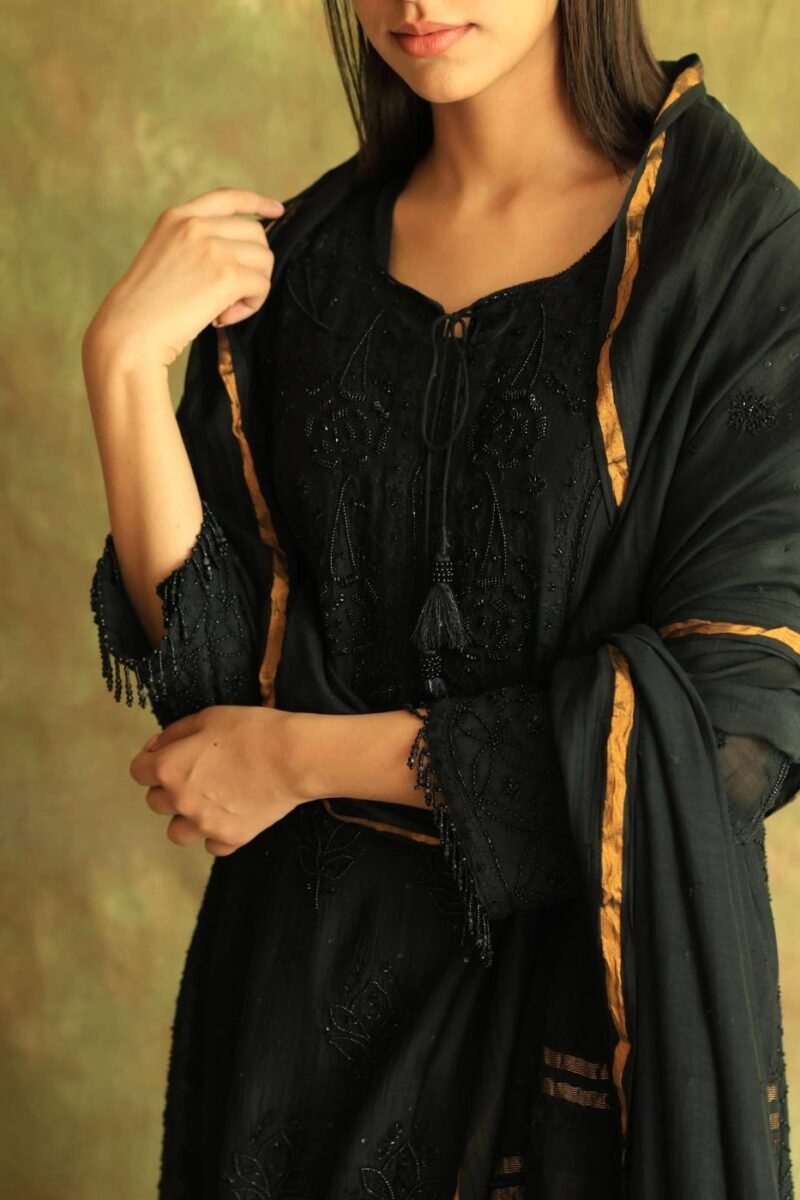 Black Mal Chanderi Pearl Work Chikankari Anarkali With Dupatta