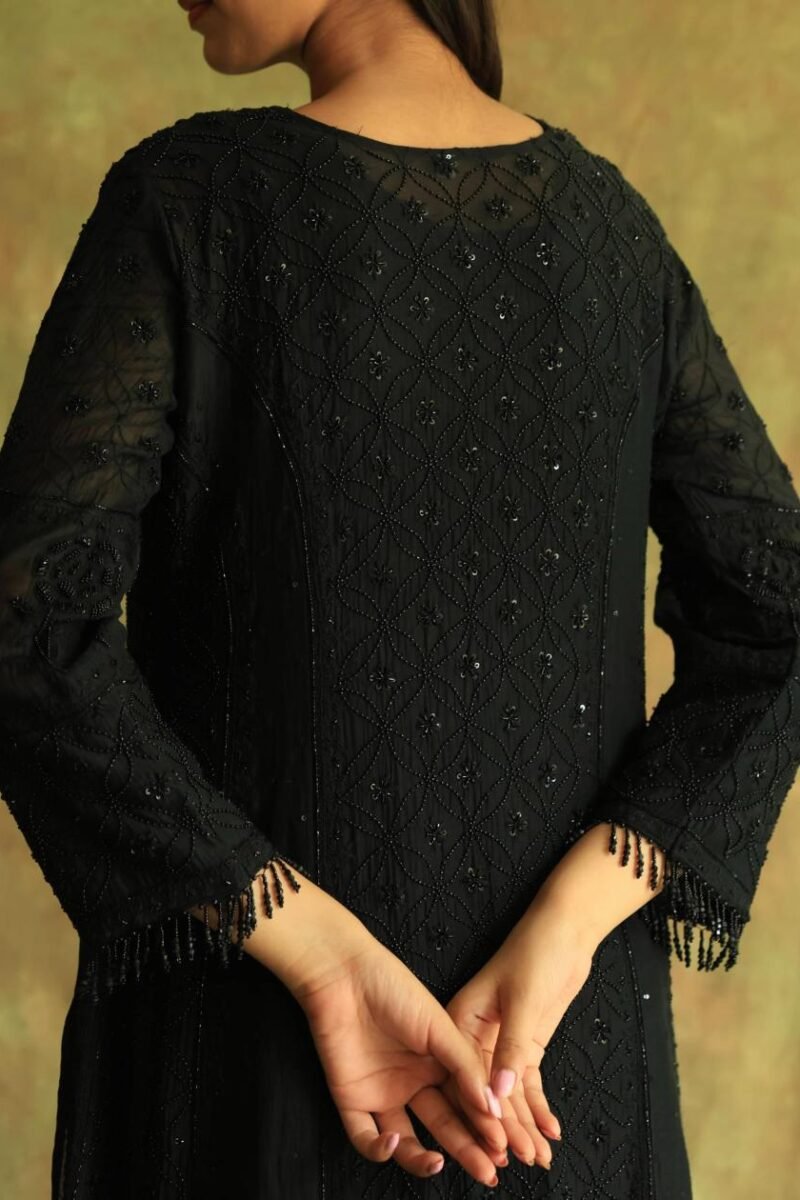 Black Mal Chanderi Pearl Work Chikankari Anarkali With Dupatta