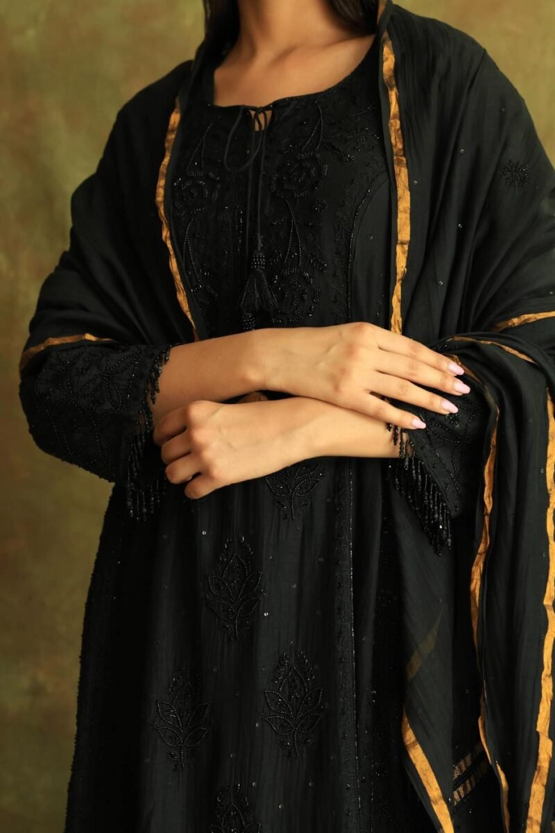 Black Mal Chanderi Pearl Work Chikankari Anarkali With Dupatta