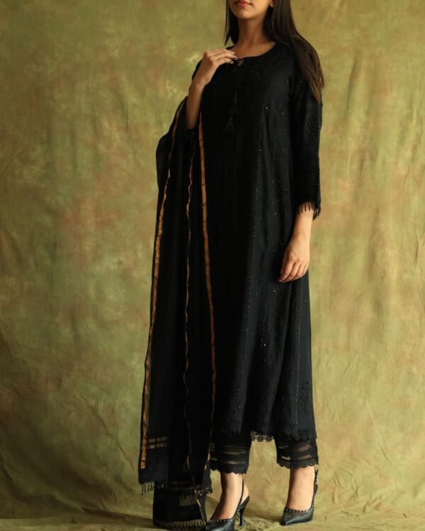 Black Mal Chanderi Pearl Work Chikankari Anarkali With Dupatta - Image 16