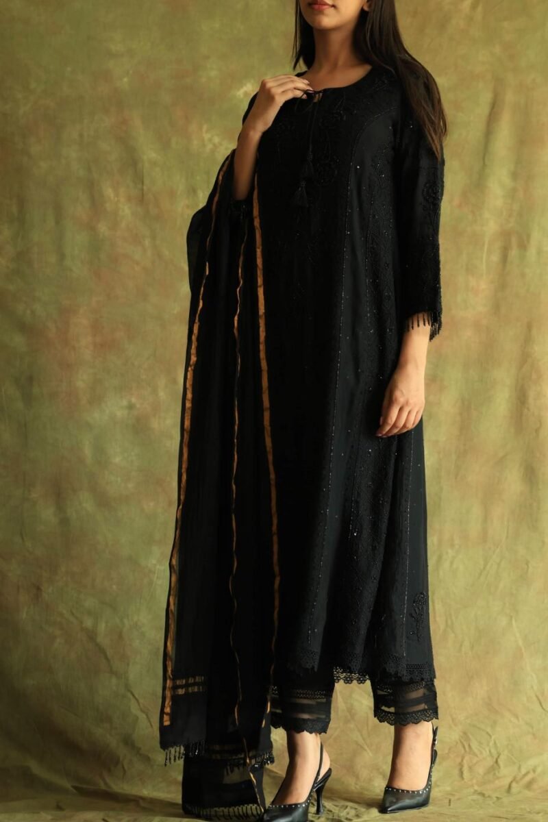 Black Mal Chanderi Pearl Work Chikankari Anarkali With Dupatta