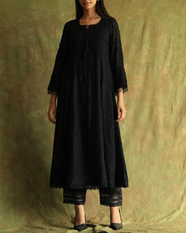 Black Mal Chanderi Pearl Work Chikankari Anarkali With Dupatta - Image 17
