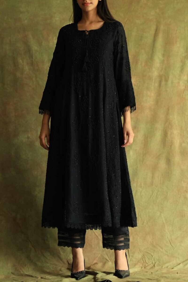 Black Mal Chanderi Pearl Work Chikankari Anarkali With Dupatta