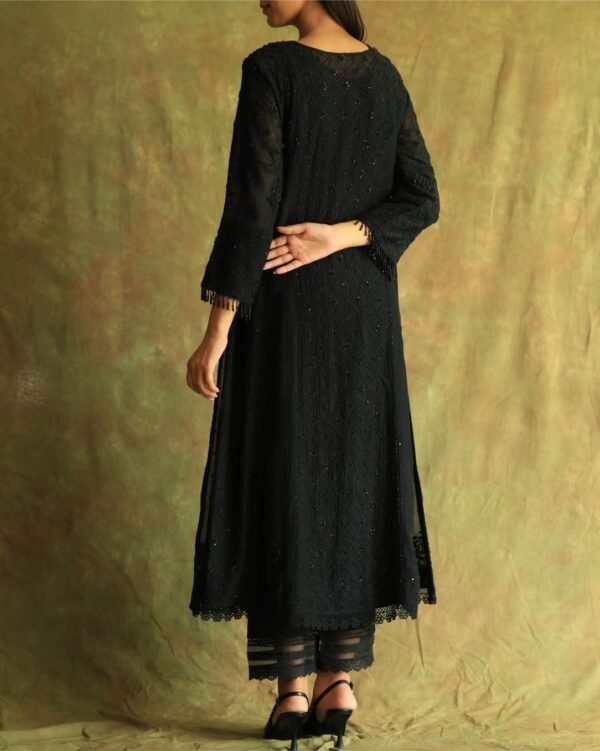 Black Mal Chanderi Pearl Work Chikankari Anarkali With Dupatta - Image 6