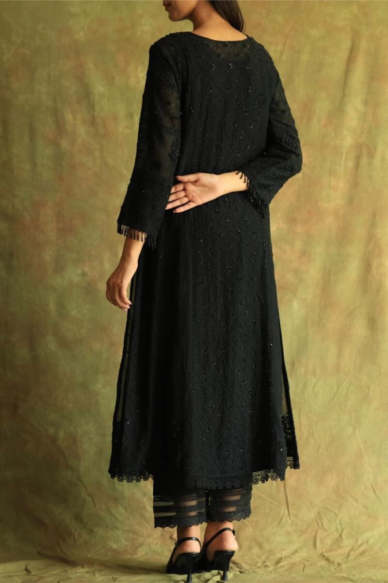 Black Mal Chanderi Pearl Work Chikankari Anarkali With Dupatta