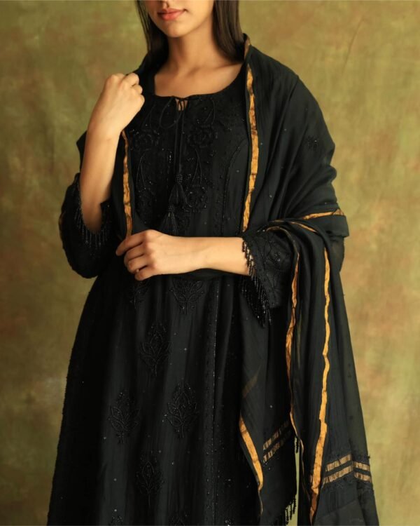 Black Mal Chanderi Pearl Work Chikankari Anarkali With Dupatta