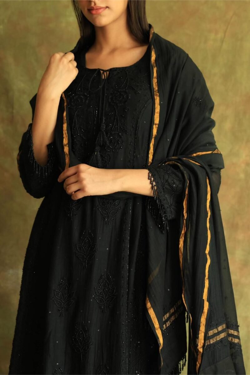 Black Mal Chanderi Pearl Work Chikankari Anarkali With Dupatta