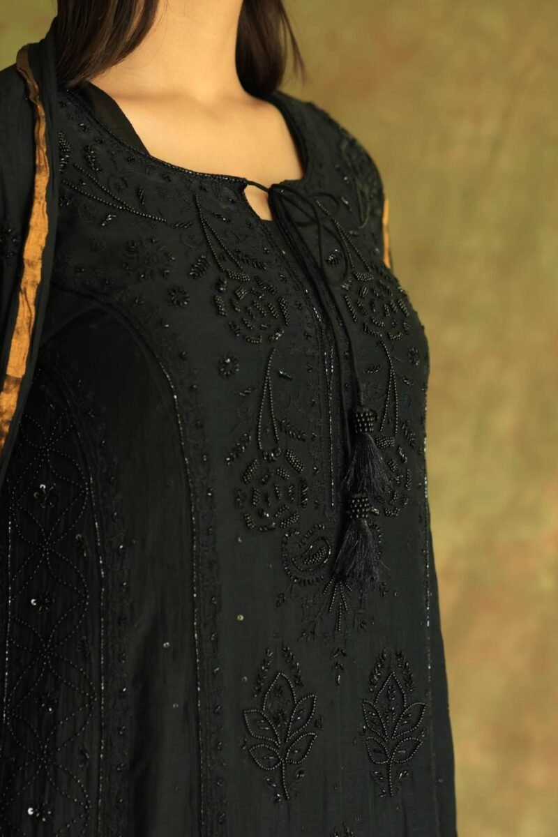 Black Mal Chanderi Pearl Work Chikankari Anarkali With Dupatta