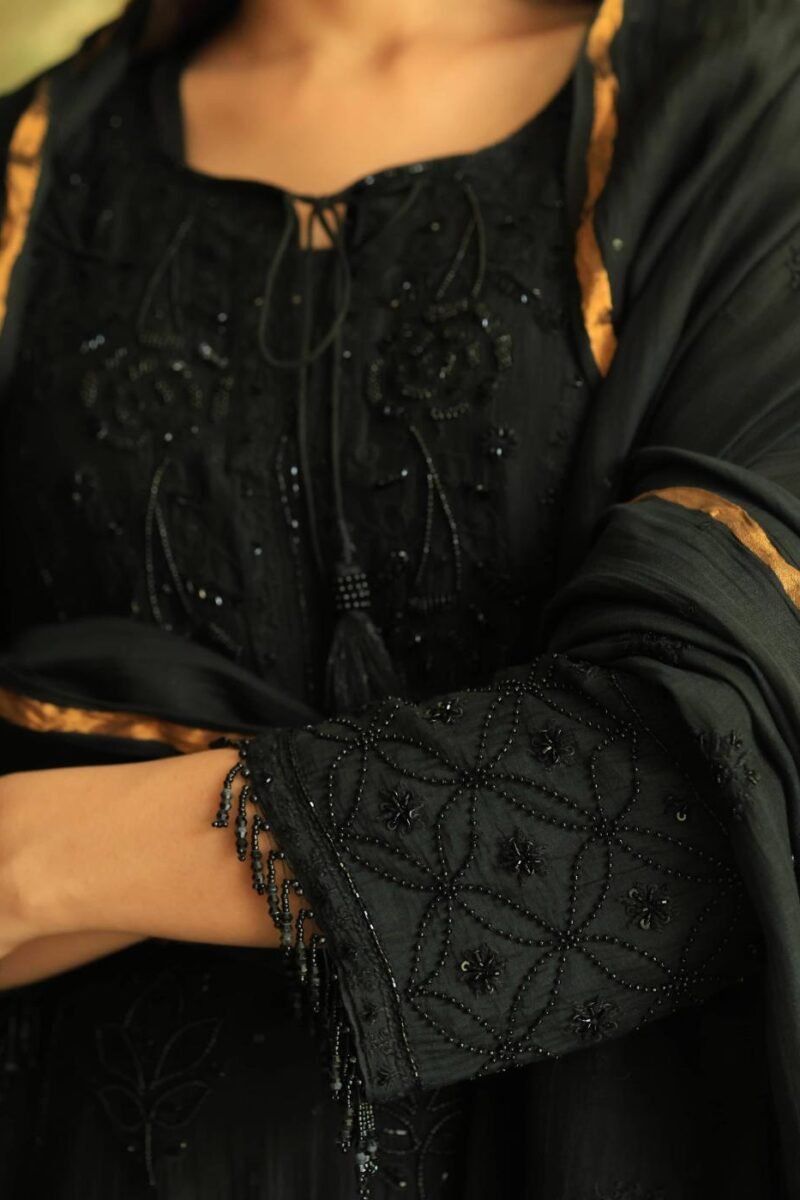 Black Mal Chanderi Pearl Work Chikankari Anarkali With Dupatta
