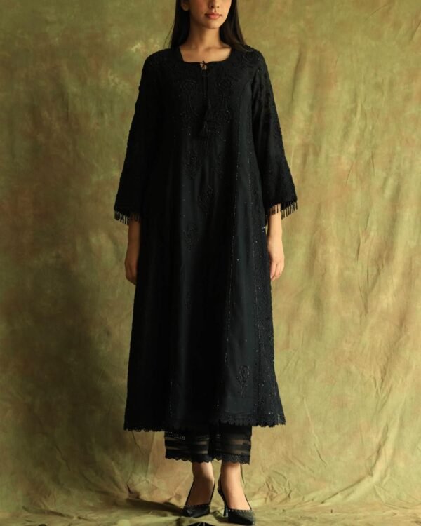 Black Mal Chanderi Pearl Work Chikankari Anarkali With Dupatta - Image 9