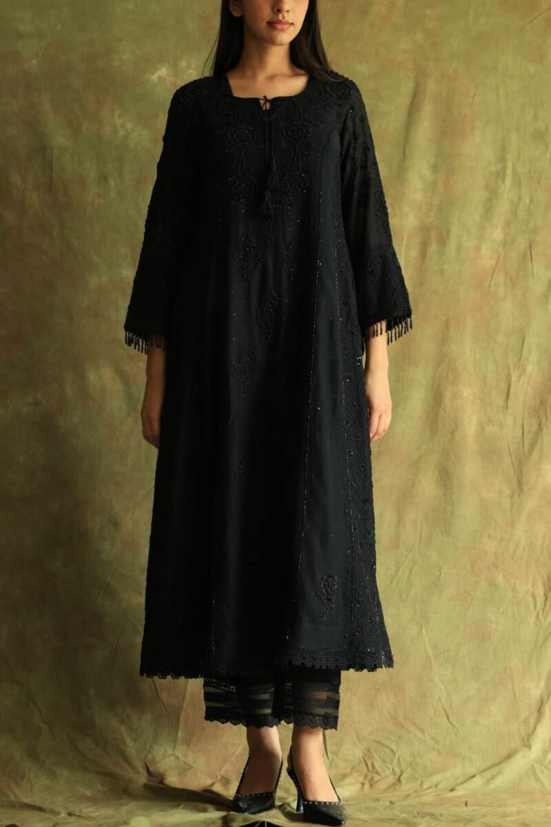 Black Mal Chanderi Pearl Work Chikankari Anarkali With Dupatta
