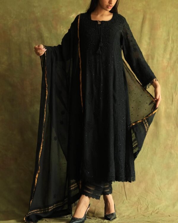 Black Mal Chanderi Pearl Work Chikankari Anarkali With Dupatta - Image 11