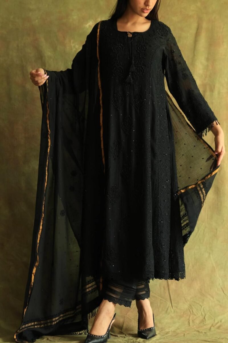 Black Mal Chanderi Pearl Work Chikankari Anarkali With Dupatta