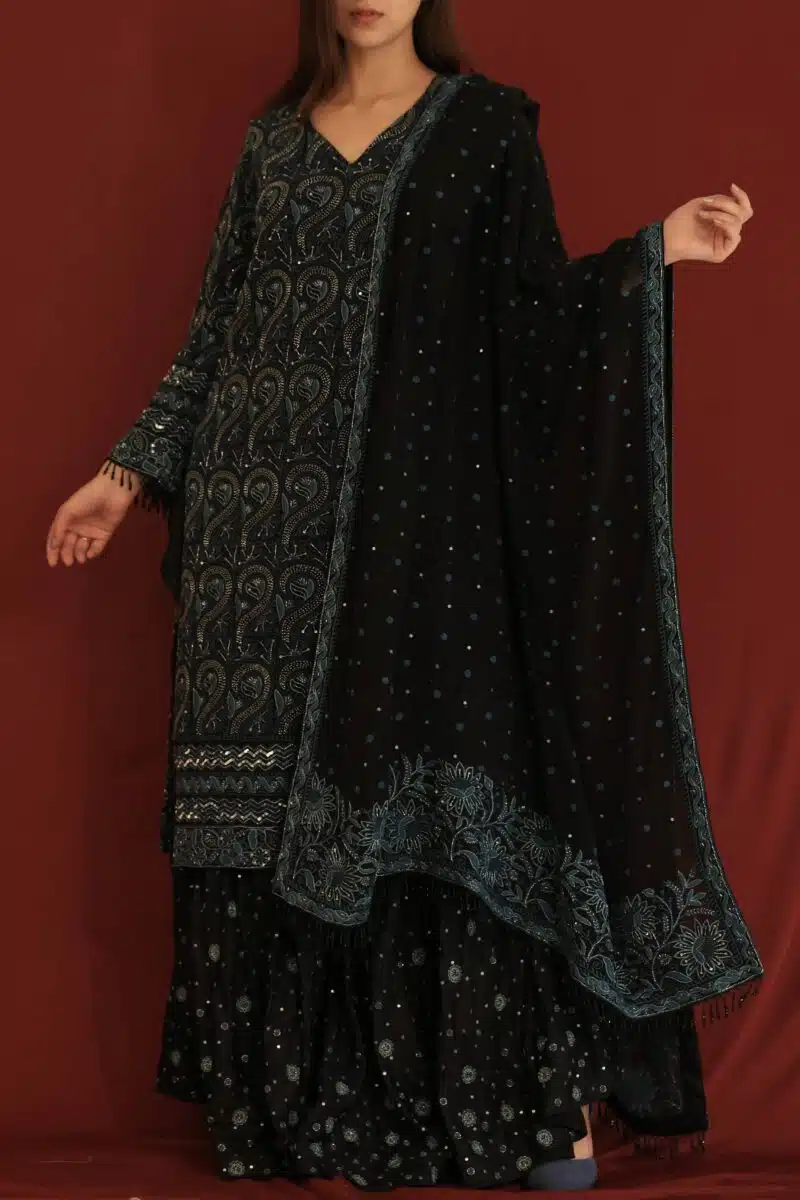 Black Pure Georgette Chikankari Ari & Squins Work Ready Gharara Set