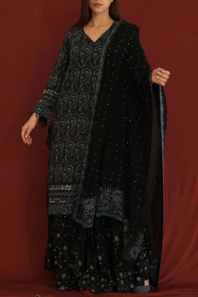 Black Pure Georgette Chikankari Ari & Squins Work Ready Gharara Set