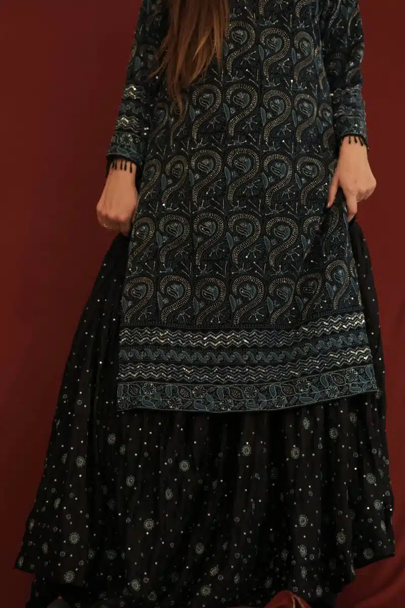 Black Pure Georgette Chikankari Ari & Squins Work Ready Gharara Set