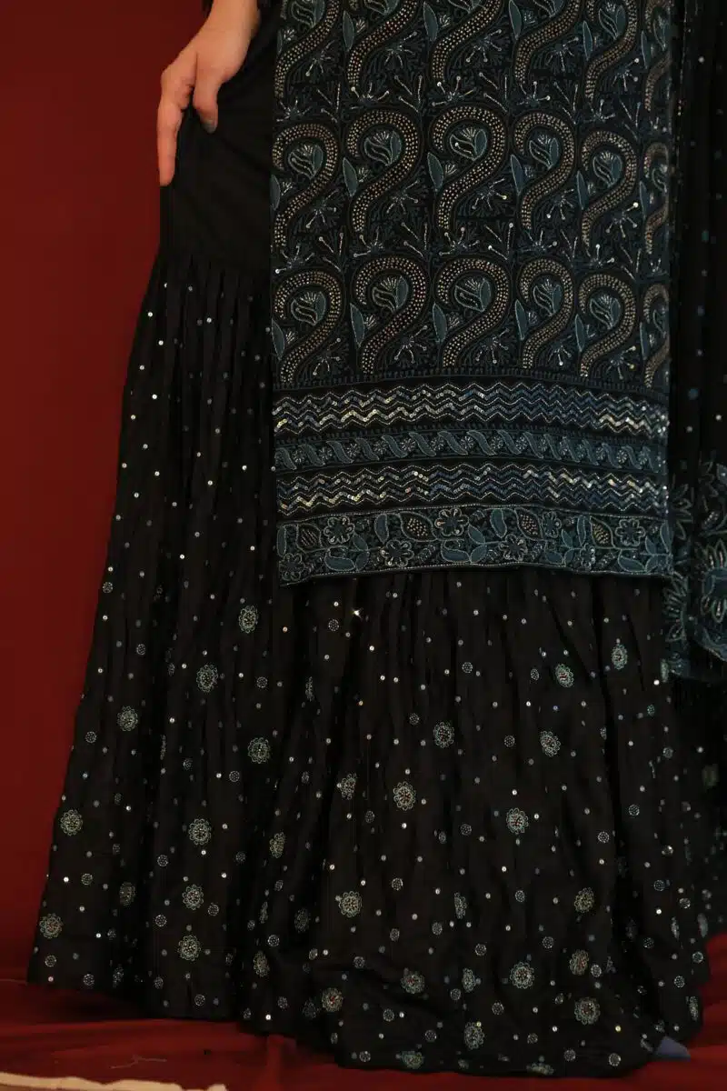 Black Pure Georgette Chikankari Ari & Squins Work Ready Gharara Set
