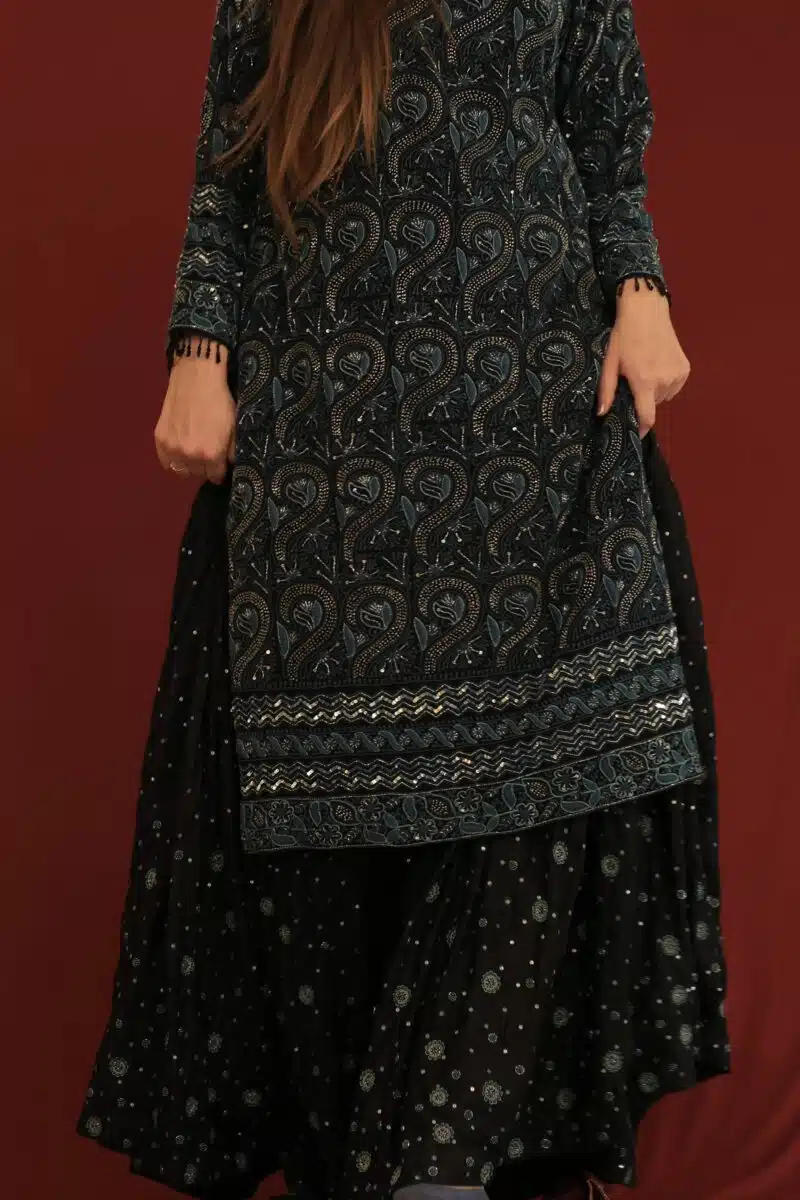 Black Pure Georgette Chikankari Ari & Squins Work Ready Gharara Set