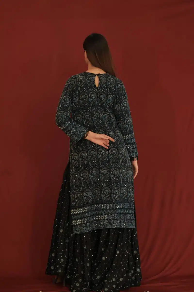 Black Pure Georgette Chikankari Ari & Squins Work Ready Gharara Set