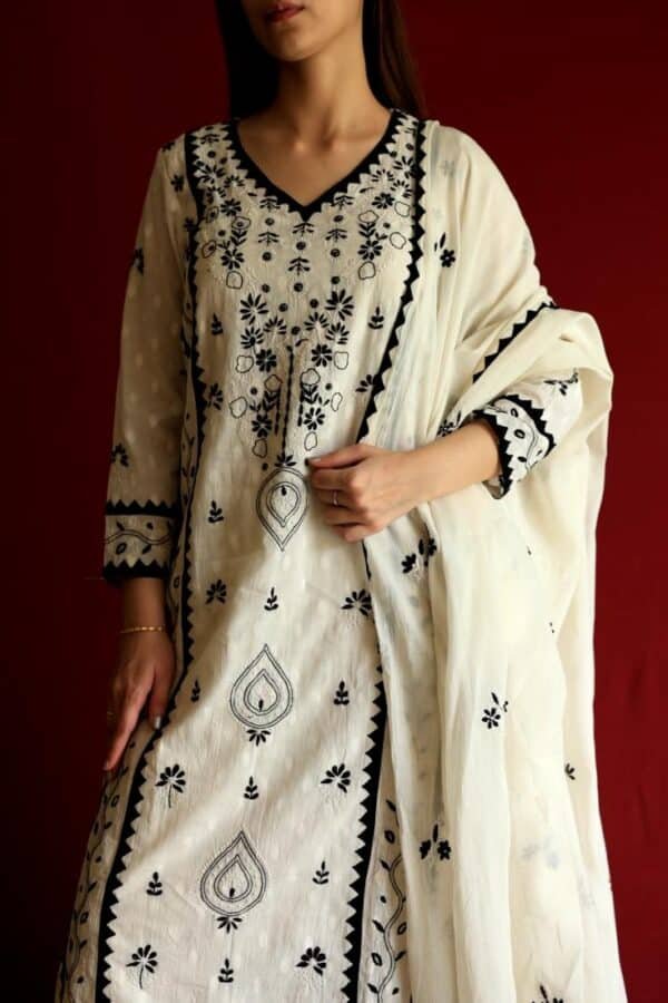 Black & White Applique Work With Fine Chikankari Ready to Wear Kurta