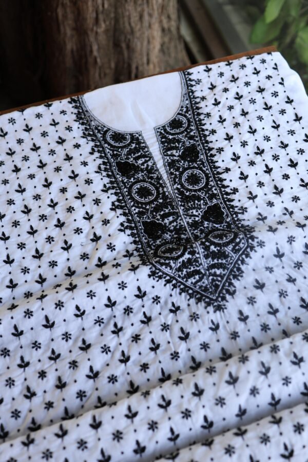 Black & White Cotton Chikankari Unstitched Kurta Fabrics
