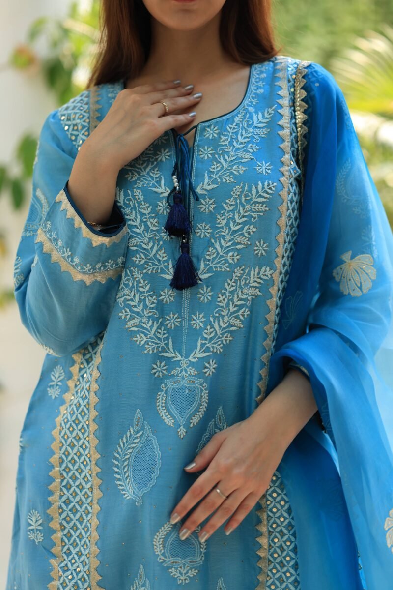 Blue Chanderi Applique Chikankari With Mukaish Kamdani Kurta Set