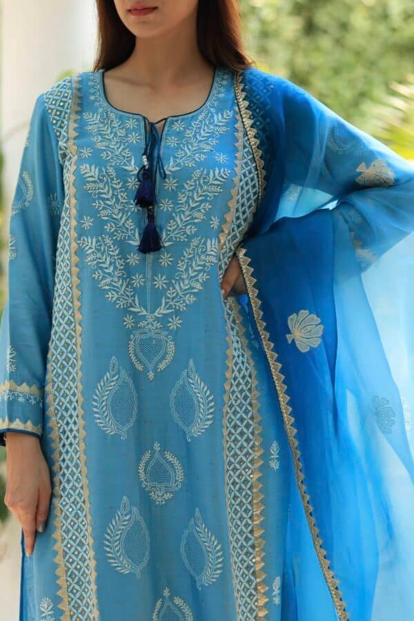 Chanderi Daraz Applique Chikankari Mukaish Kurta Dupatta Set - Image 8