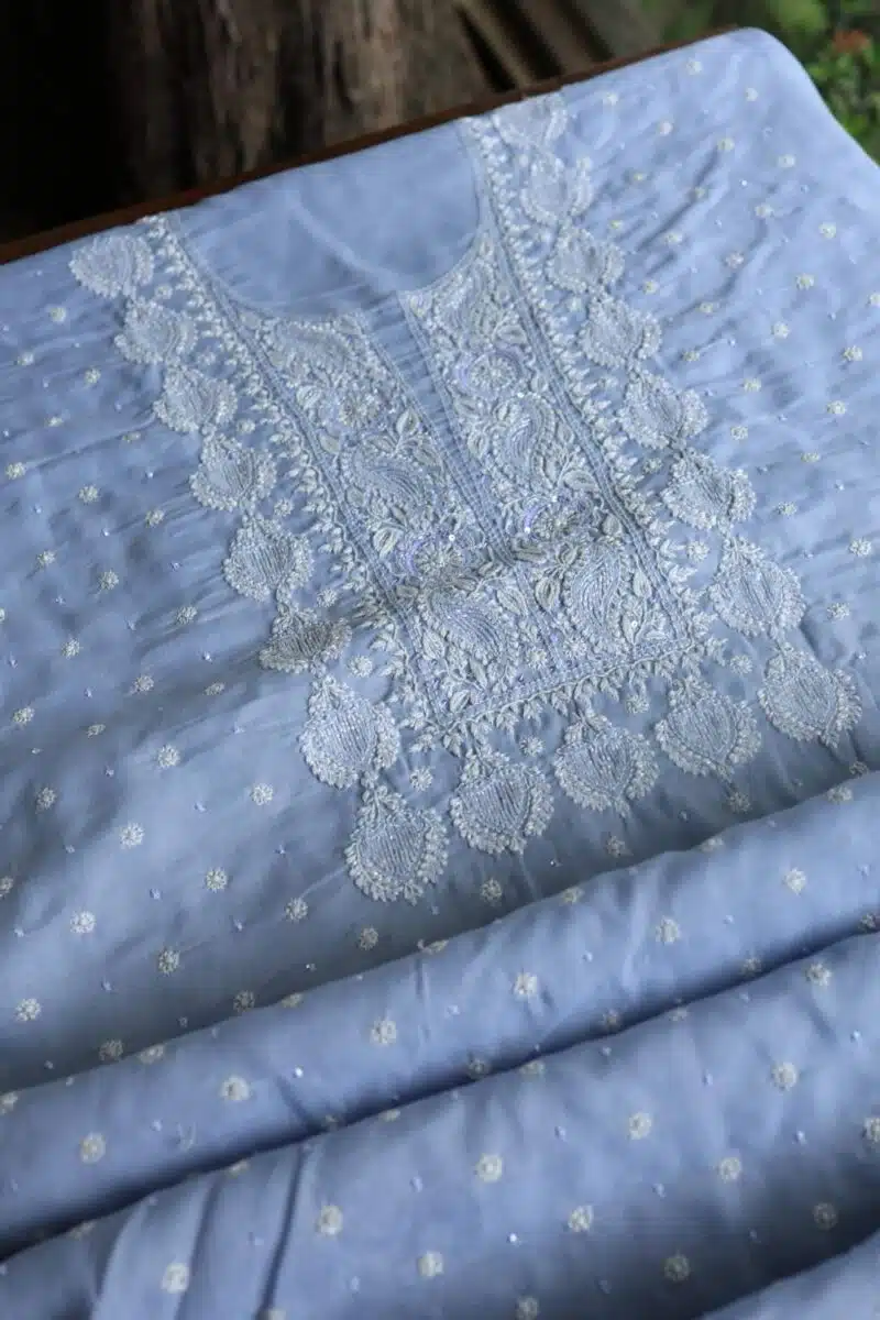 Powder Blue Cotton Chikankari Unstitched Kurta Fabrics