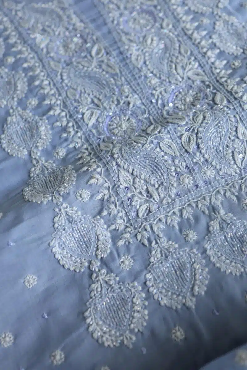 Powder Blue Cotton Chikankari Unstitched Kurta Fabrics