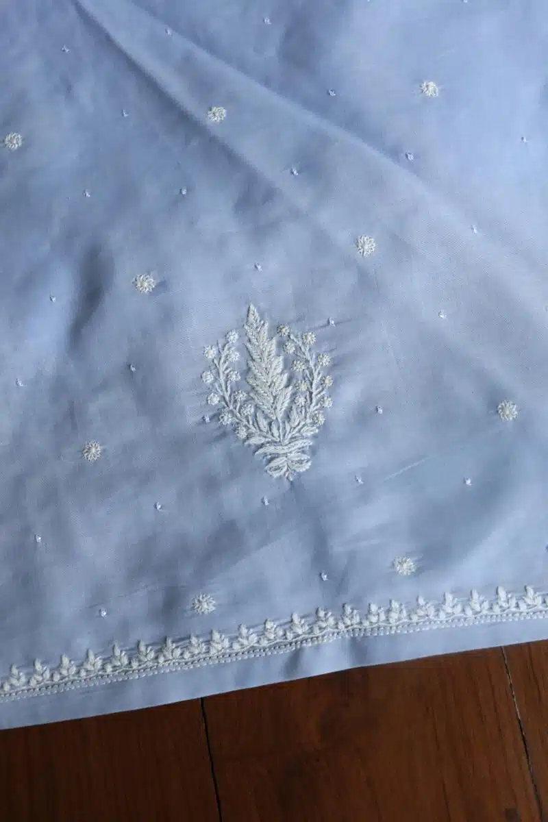 Powder Blue Cotton Chikankari Unstitched Kurta Fabrics