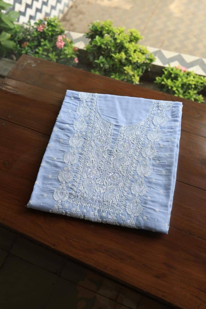 Powder Blue Cotton Chikankari Unstitched Kurta Fabrics