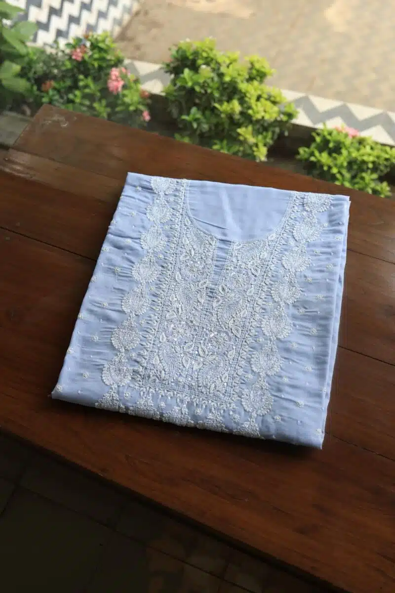 Powder Blue Cotton Chikankari Unstitched Kurta Fabrics