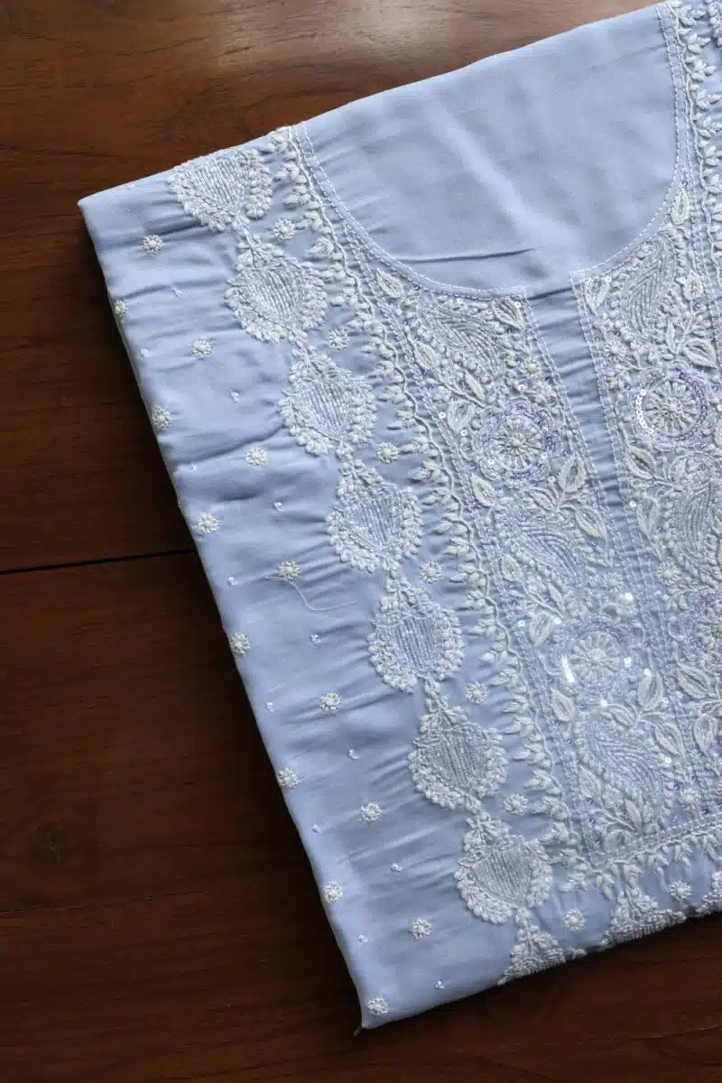 Powder Blue Cotton Chikankari Unstitched Kurta Fabrics