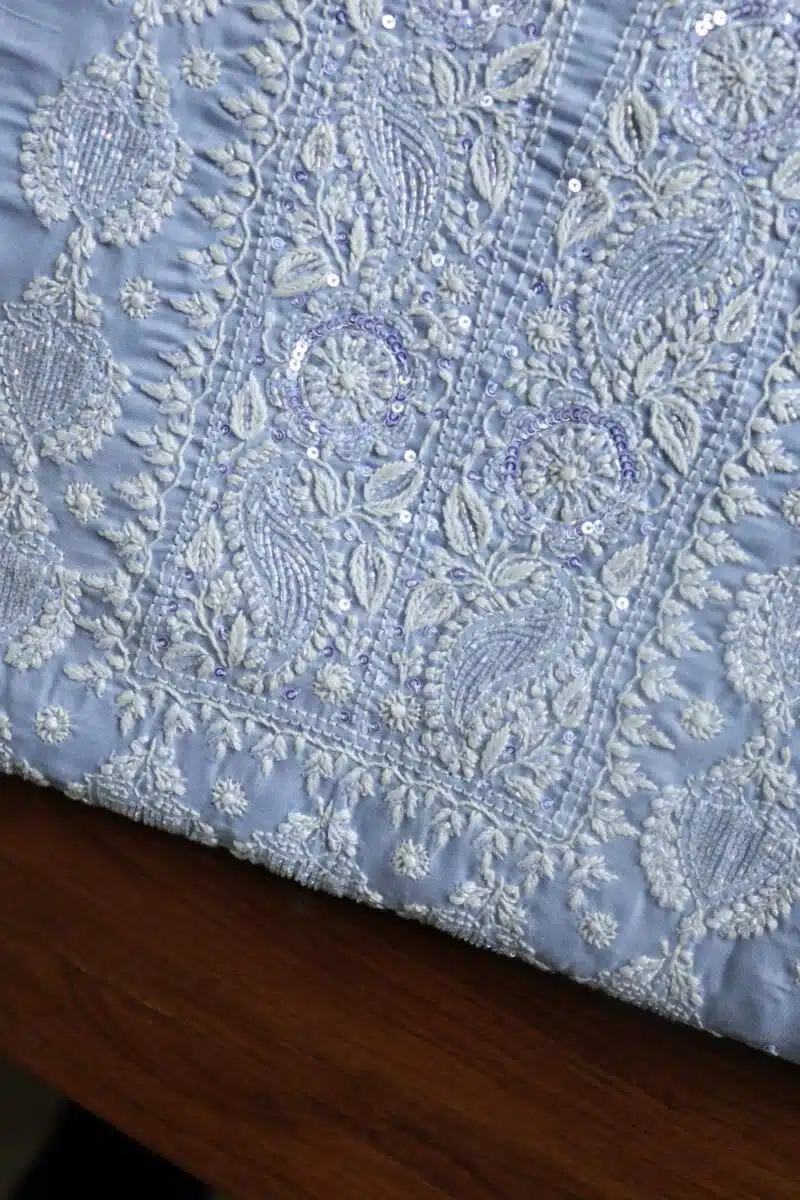 Powder Blue Cotton Chikankari Unstitched Kurta Fabrics