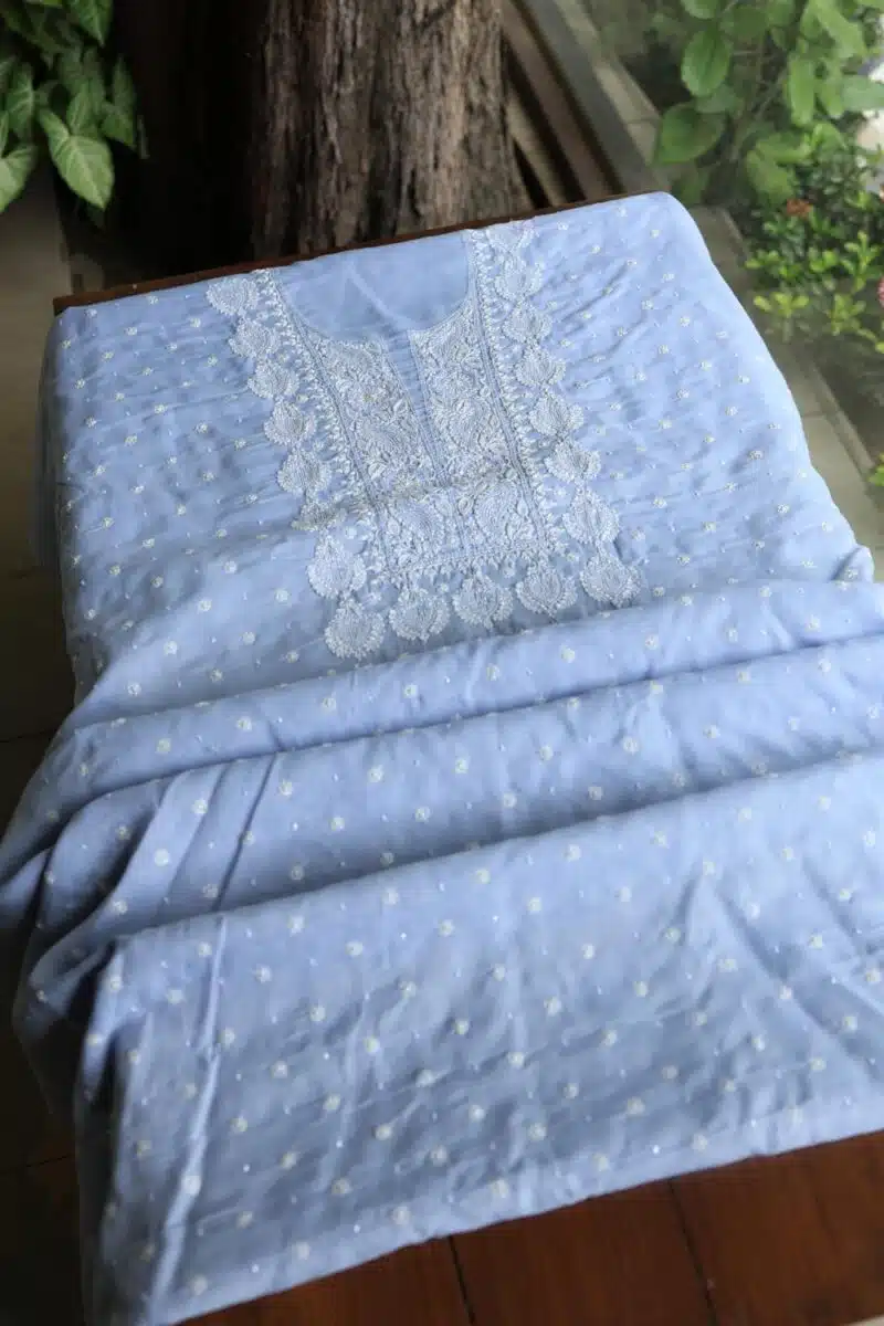 Powder Blue Cotton Chikankari Unstitched Kurta Fabrics