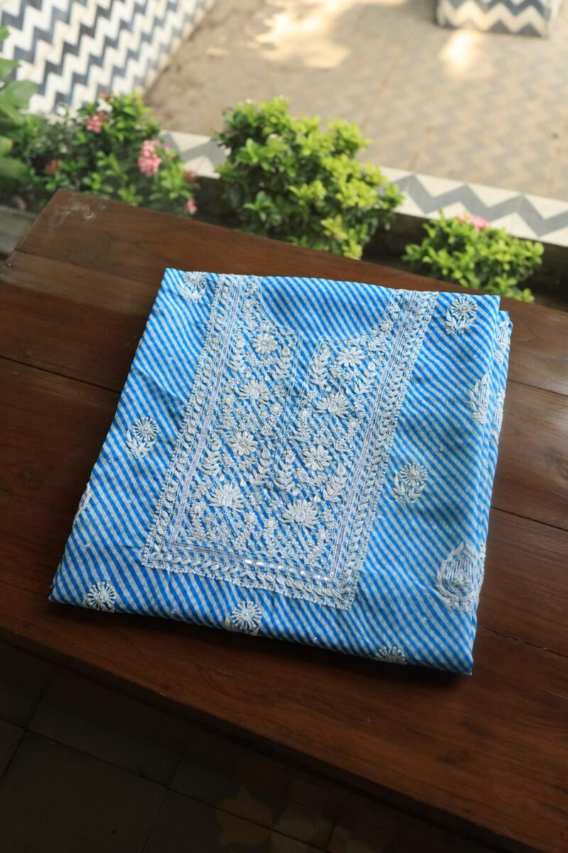 Blue Kota Cotton Chikankari Unstitched Kurta Fabrics