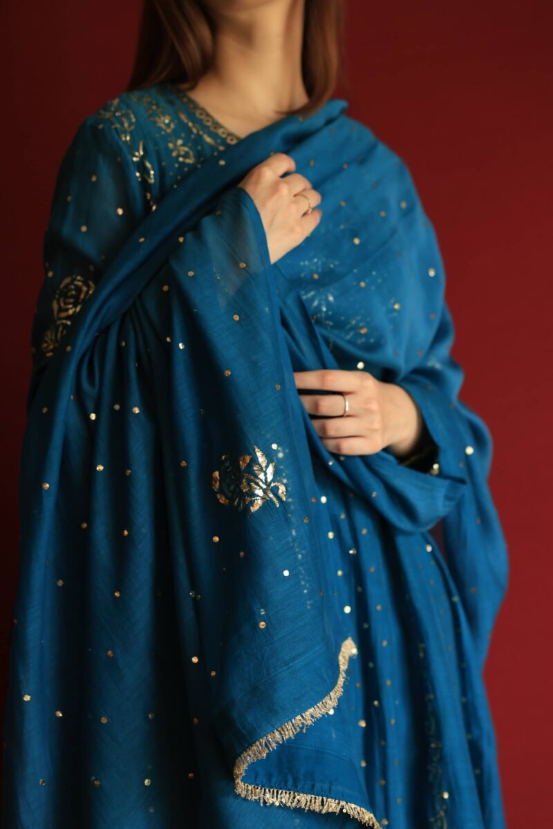 Silk Blue Badla Mukaish Chanderi Silk Anarkali Kurta Set