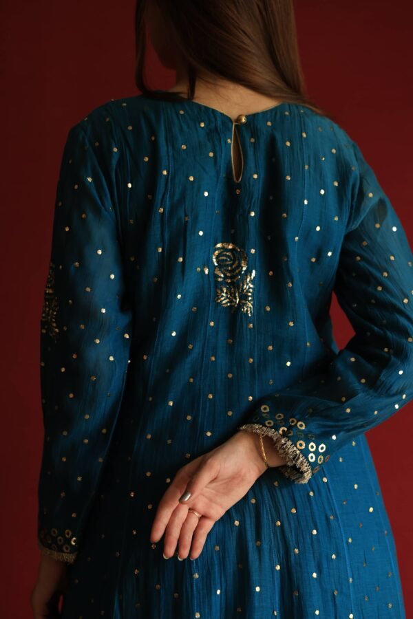 Silk Blue Badla Mukaish Chanderi Silk Anarkali Kurta Set - Image 11