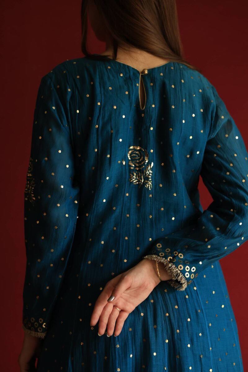 Silk Blue Badla Mukaish Chanderi Silk Anarkali Kurta Set