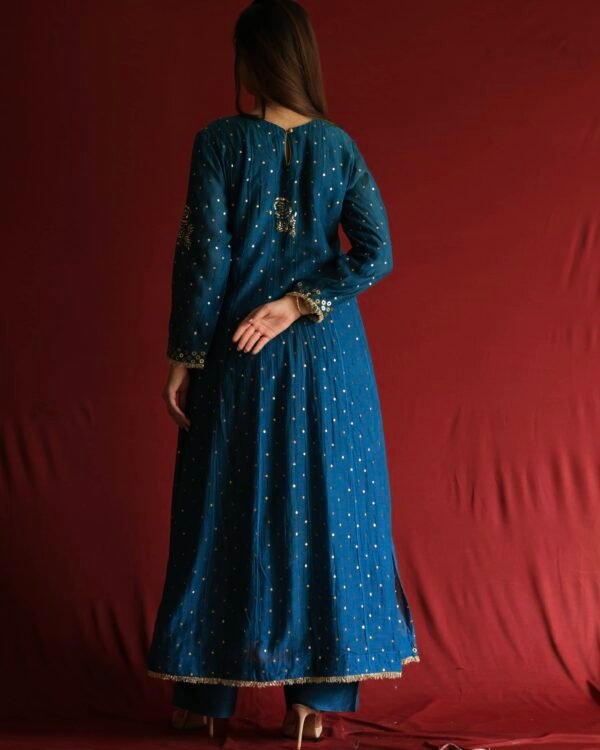 Silk Blue Badla Mukaish Chanderi Silk Anarkali Kurta Set - Image 12