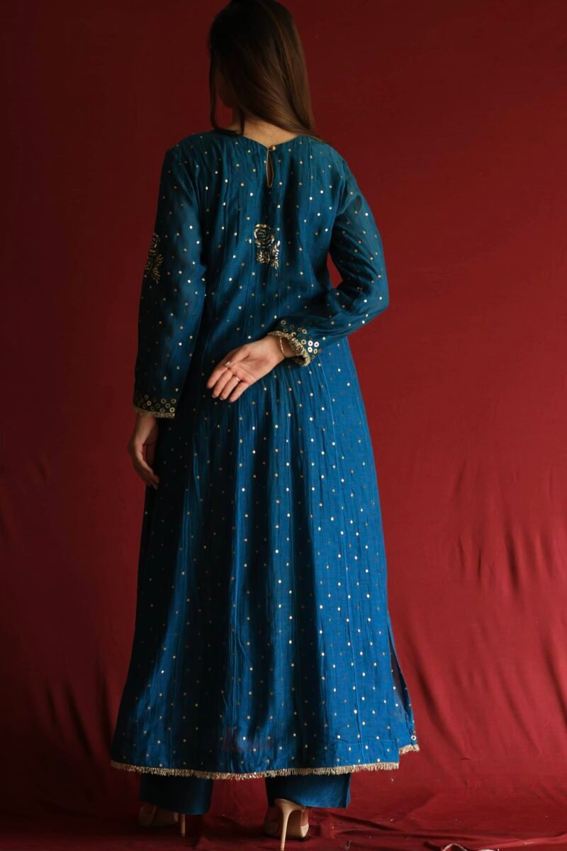 Silk Blue Badla Mukaish Chanderi Silk Anarkali Kurta Set